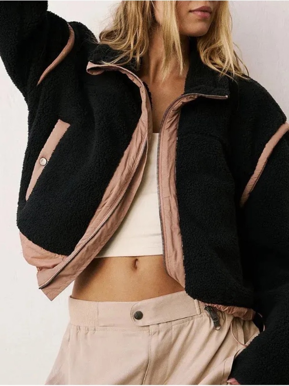 FP Movement Free People Courtside Fleece Jacket Black Peach Bark XL